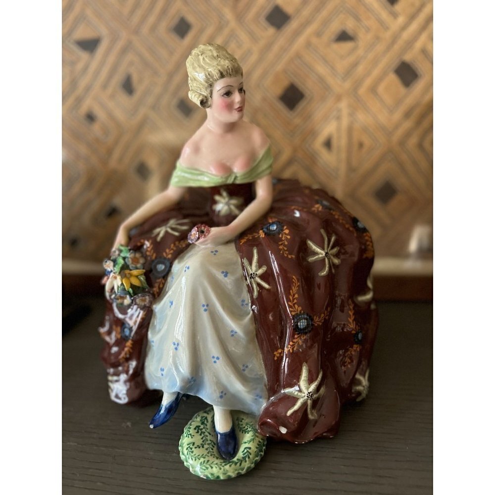 Antique Made in Italy Large Porcelain Sculpture Figurine Sitting Woman Capodimon